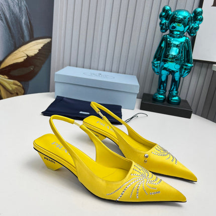 PRADA 26S POINTED TOE SLINGBACK 40MM IN YELLOW SATIN CRYSTAL EMBELLISHED