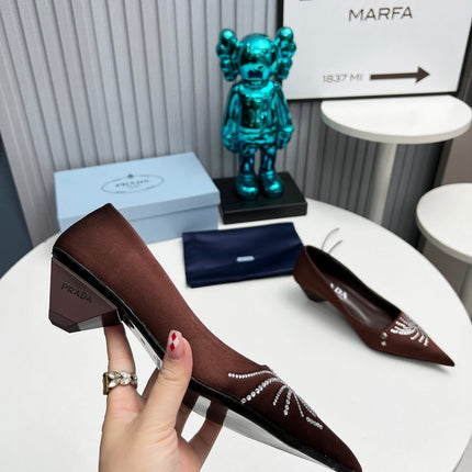 PRADA 26S POINTED TOE PUMPS 40MM IN DARK BROWN SATIN CRYSTAL EMBELLISHED