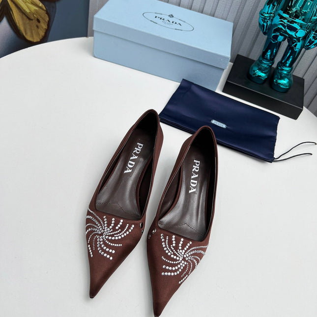 PRADA 26S POINTED TOE PUMPS 40MM IN DARK BROWN SATIN CRYSTAL EMBELLISHED