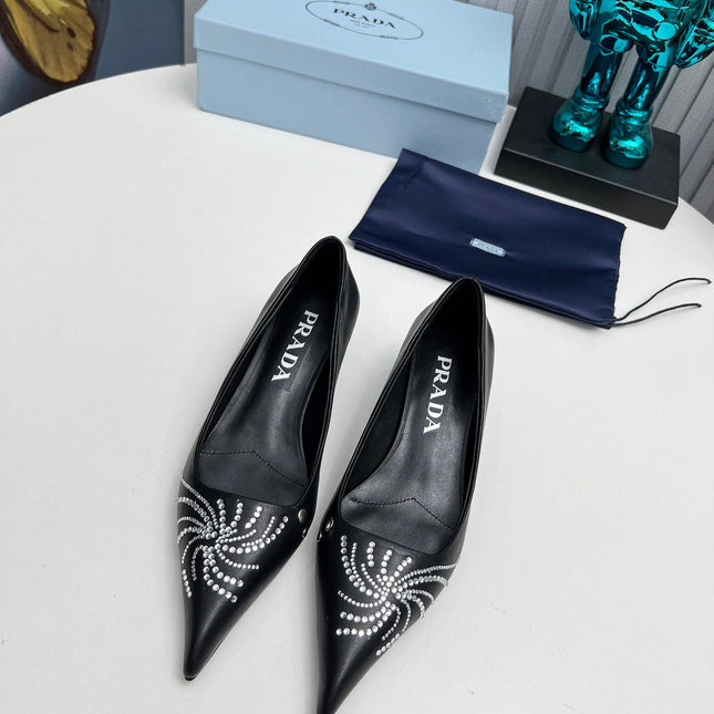 PRADA 26S POINTED TOE PUMPS 40MM IN BLACK CALFSKIN CRYSTAL EMBELLISHED