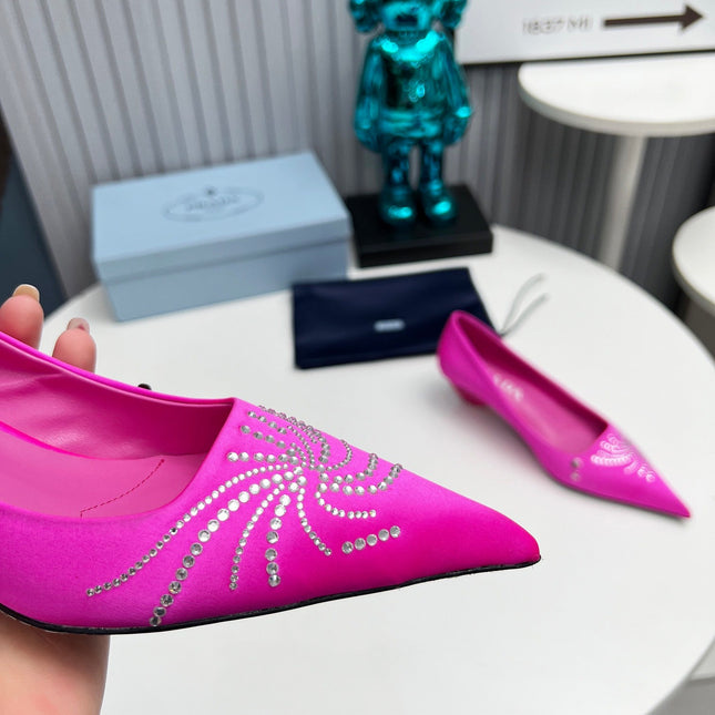 PRADA 26S POINTED TOE PUMPS 40MM IN FUCHSIA PINK SATIN CRYSTAL EMBELLISHED