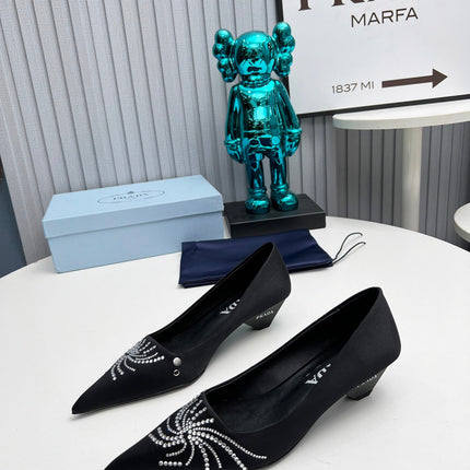 PRADA 26S POINTED TOE PUMPS 40MM IN BLACK SATIN CRYSTAL EMBELLISHED