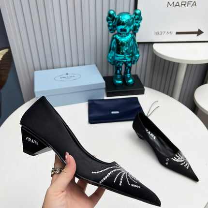 PRADA 26S POINTED TOE PUMPS 40MM IN BLACK SATIN CRYSTAL EMBELLISHED