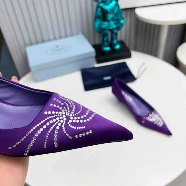PRADA 26S POINTED TOE PUMPS 40MM IN PURPLE SATIN CRYSTAL EMBELLISHED