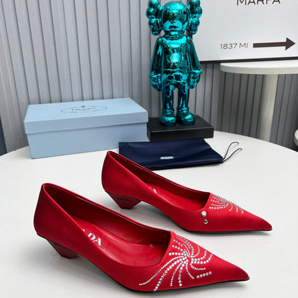 PRADA 26S POINTED TOE PUMPS 40MM IN RED SATIN CRYSTAL EMBELLISHED