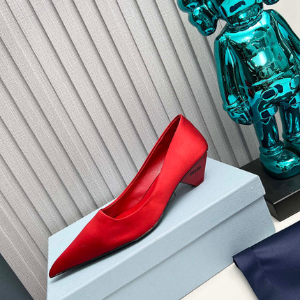 PRADA 26S POINTED TOE PUMPS 40MM IN RED SATIN