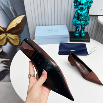 PRADA 26S POINTED TOE PUMPS 40MM IN DARK BROWN SATIN