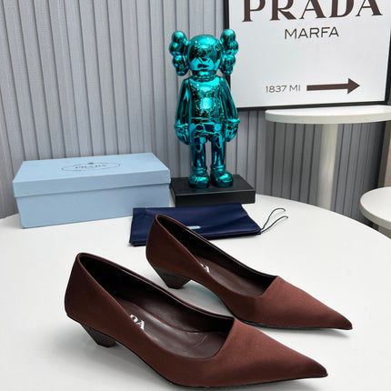 PRADA 26S POINTED TOE PUMPS 40MM IN DARK BROWN SATIN