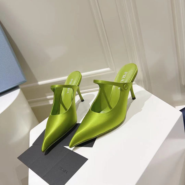 PRA HIGH-HEELED MULES PEAR SATIN