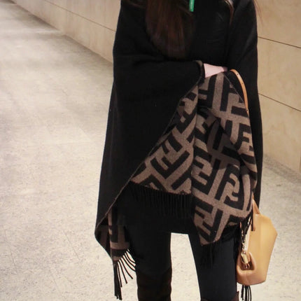 FF 170 CM SCARF IN CAMEL BROWN MIX BLACK CASHMERE AND WOOL
