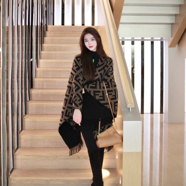 FF 170 CM SCARF IN CAMEL BROWN MIX BLACK CASHMERE AND WOOL