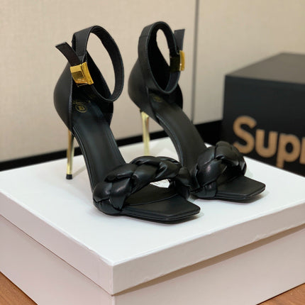 BALMAIN 26S BRAIDED-STRAP HIGH-HEEL SANDALS 95 MM IN BLACK CALFSKIN