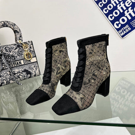 DIOR 25S NAUGHTILY-D ANKLE BOOTS 80 MM IN BLACK MESH TULLE AND SUEDE