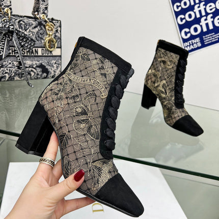 DIOR 25S NAUGHTILY-D ANKLE BOOTS 80 MM IN BLACK MESH TULLE AND SUEDE