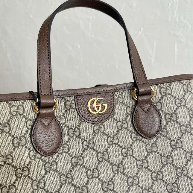 OPHIDIA SMALL TOTE BAG 31 BEIGE CANVAS AND BROWN CALFSKIN