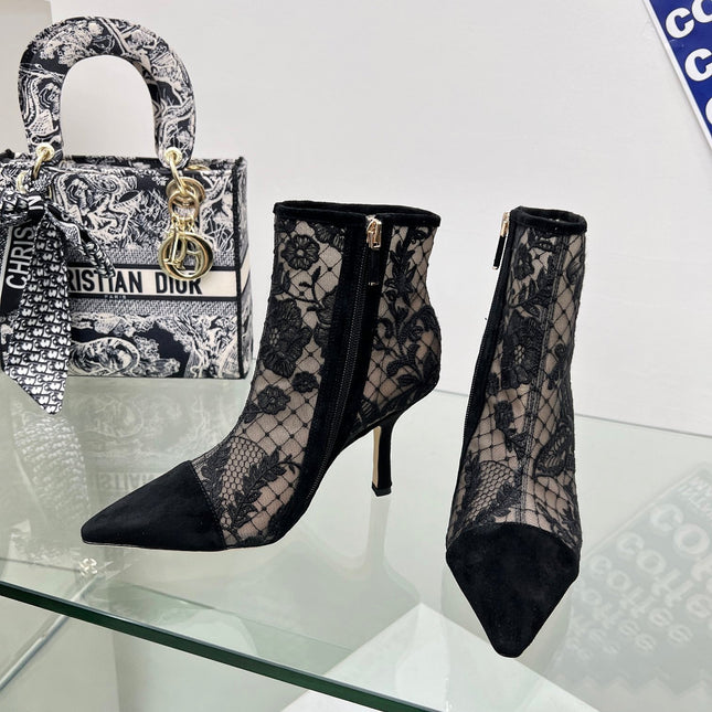 DIOR 25S POINTED-TOE ANKLE BOOTS 95 MM IN BLACK MESH TULLE AND SUEDE STYLE 1