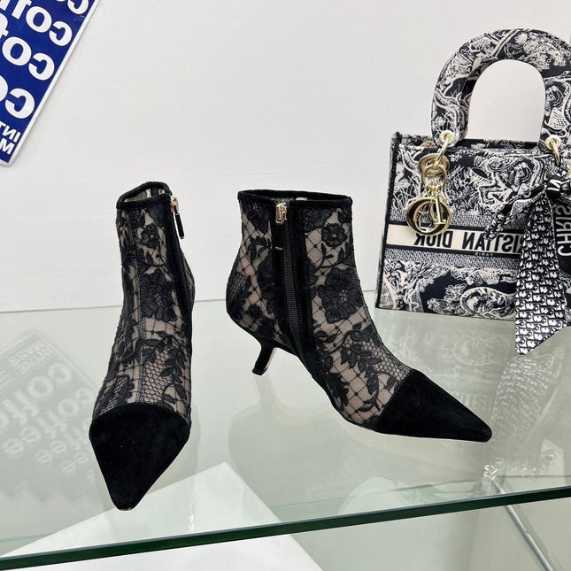 DIOR 25S POINTED-TOE ANKLE BOOTS 50 MM IN BLACK MESH TULLE AND SUEDE