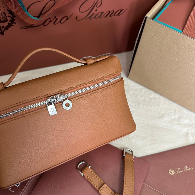 EXTRA POCKET L19 IN BRONZE BROWN CALFSKIN WITH SILVER HARDWARE