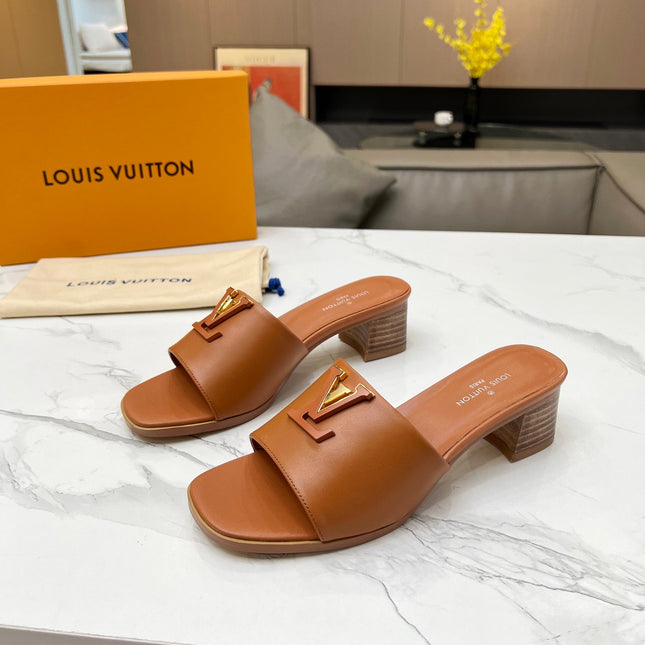 LV 26S CAPRI HIGH-HEELED MULES IN BROWN CALFSKIN