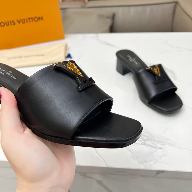 LV 26S CAPRI HIGH-HEELED MULES IN BLACK CALFSKIN