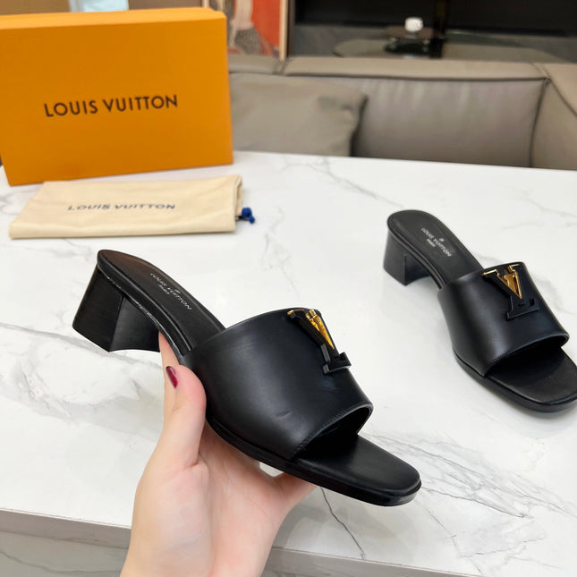 LV 26S CAPRI HIGH-HEELED MULES IN BLACK CALFSKIN