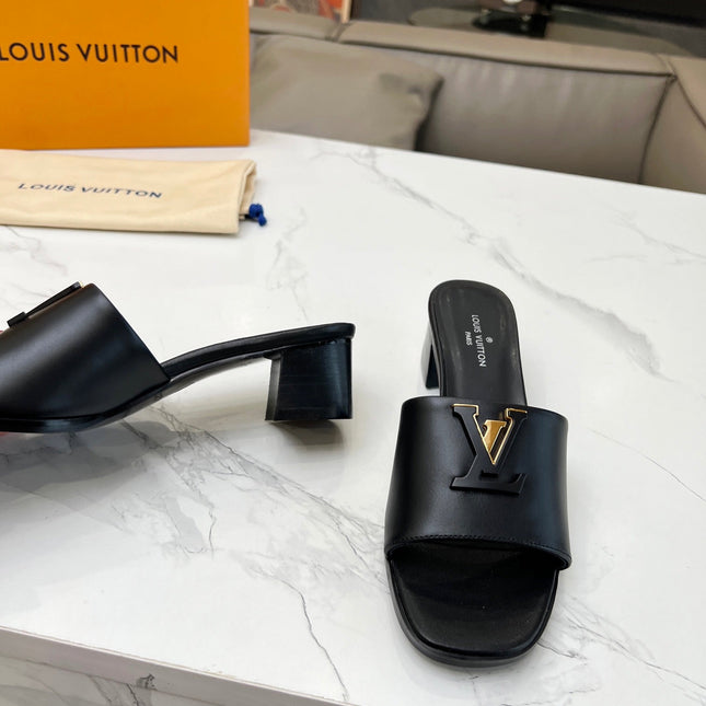 LV 26S CAPRI HIGH-HEELED MULES IN BLACK CALFSKIN
