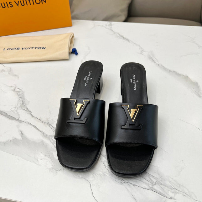 LV 26S CAPRI HIGH-HEELED MULES IN BLACK CALFSKIN