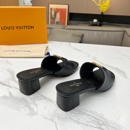 LV 26S CAPRI HIGH-HEELED MULES IN BLACK CALFSKIN