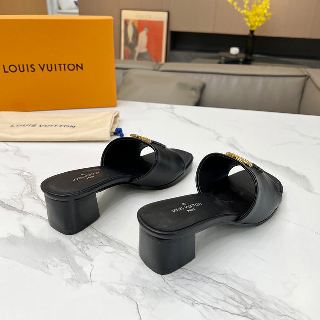LV 26S CAPRI HIGH-HEELED MULES IN BLACK CALFSKIN