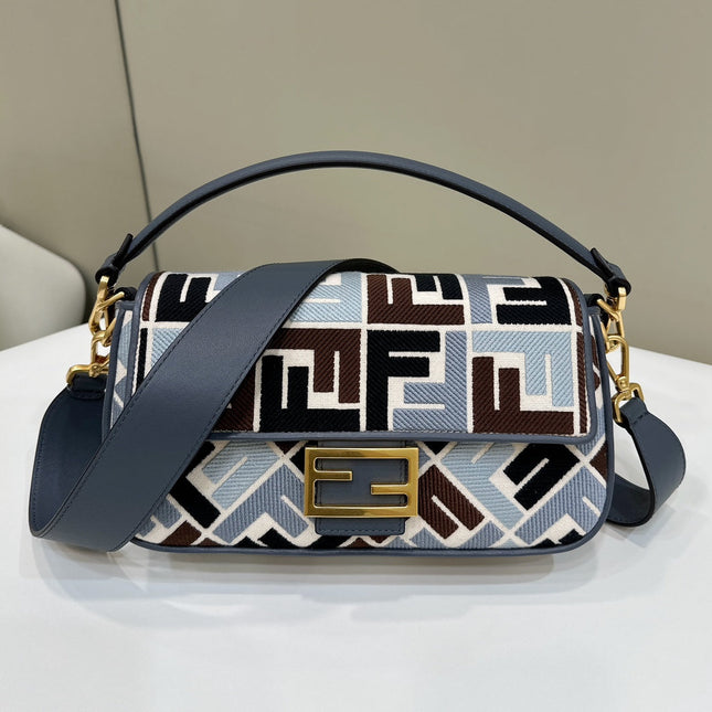 BAGUETTE CANVAS 27 BAG BLACK STRAP WITH MULTICOLOUR EMBROIDERY GOLD HARDWARE