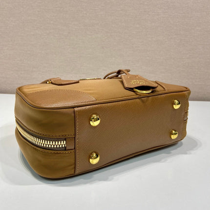 SMALL TOP HANDLE BAG 25 IN GOLDEN BROWN NYLON AND CALFSKIN TRIM
