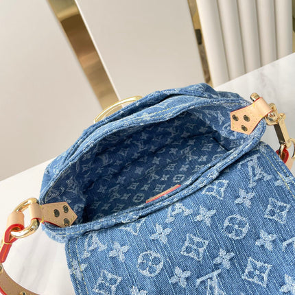 SUNSET 27 IN BLUE MONOGRAM DENIM GOLD BUCKLE