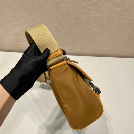 SMALL FLAP BAG 20 IN CIDER BROWN RE-NYLON AND CALFSKIN TRIM