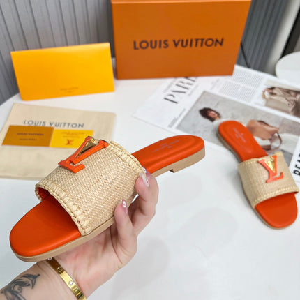 LV 26S FLAT SLIDES IN ORANGE CALFSKIN AND BEIGE RAFFIA