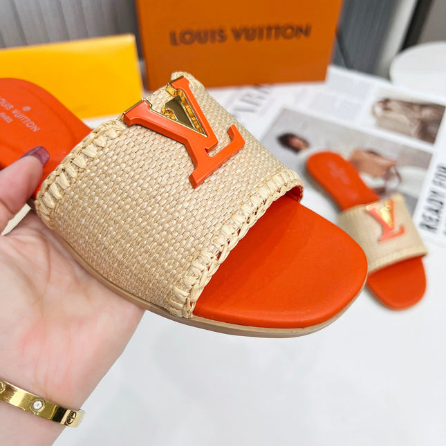 LV 26S FLAT SLIDES IN ORANGE CALFSKIN AND BEIGE RAFFIA