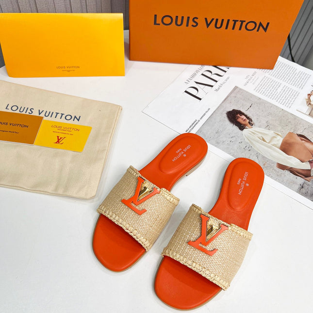 LV 26S FLAT SLIDES IN ORANGE CALFSKIN AND BEIGE RAFFIA