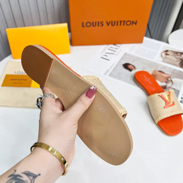 LV 26S FLAT SLIDES IN ORANGE CALFSKIN AND BEIGE RAFFIA