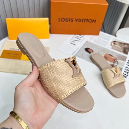 LV 26S FLAT SLIDES IN DARK BEIGE CALFSKIN AND RAFFIA