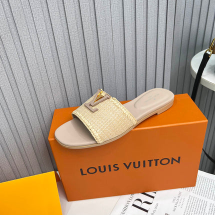 LV 26S FLAT SLIDES IN DARK BEIGE CALFSKIN AND RAFFIA