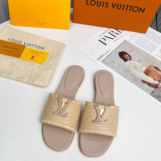 LV 26S FLAT SLIDES IN DARK BEIGE CALFSKIN AND RAFFIA