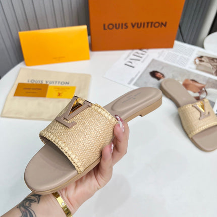 LV 26S FLAT SLIDES IN DARK BEIGE CALFSKIN AND RAFFIA