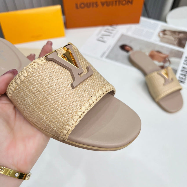 LV 26S FLAT SLIDES IN DARK BEIGE CALFSKIN AND RAFFIA