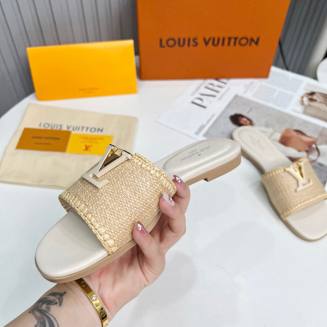 LV 26S FLAT SLIDES IN IVORY BEIGE CALFSKIN AND RAFFIA
