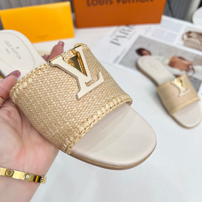 LV 26S FLAT SLIDES IN IVORY BEIGE CALFSKIN AND RAFFIA