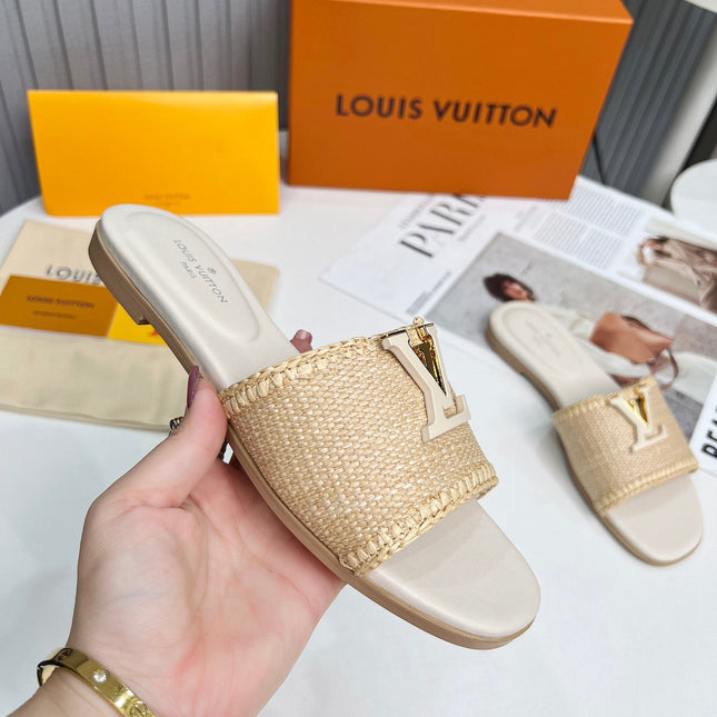 LV 26S FLAT SLIDES IN IVORY BEIGE CALFSKIN AND RAFFIA