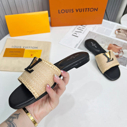 LV 26S FLAT SLIDES IN BLACK CALFSKIN AND BEIGE RAFFIA