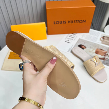 LV 26S FLAT SLIDES IN ASH BEIGE CALFSKIN AND RAFFIA