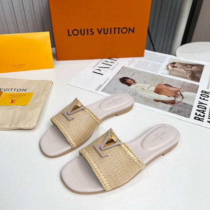 LV 26S FLAT SLIDES IN ASH BEIGE CALFSKIN AND RAFFIA