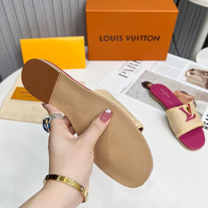 LV 26S FLAT SLIDES IN PINK CALFSKIN AND BEIGE RAFFIA