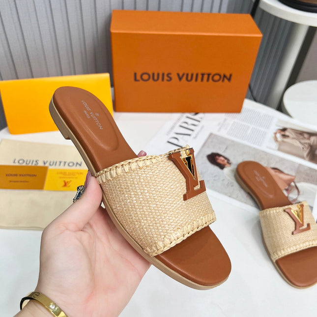 LV 26S FLAT SLIDES IN BROWN CALFSKIN AND BEIGE RAFFIA
